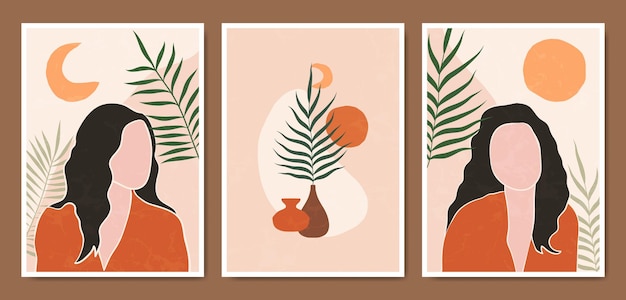Abstracte eigentijdse halverwege de eeuw moderne gezichtsportretten boho poster sjablooncollectie.