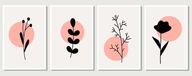 Abstracte elementen minimalistische eenvoudige bloemenelementen bladeren en bloemen Verzameling van kunstposters in pastelkleuren ontwerp voor sociale netwerken ansichtkaarten wordt afgedrukt Kaderstijl doodle