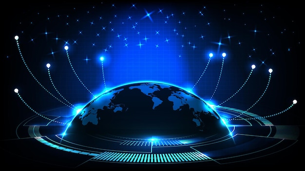 Abstracte futuristische achtergrond van blauw gloeiend licht en wereldkaarten en verbindingslijn internet