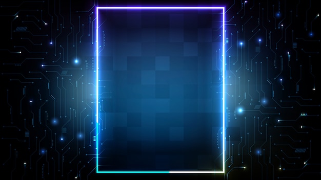 Abstracte futuristische achtergrond van blauwe printplaat en neon vierkante frame