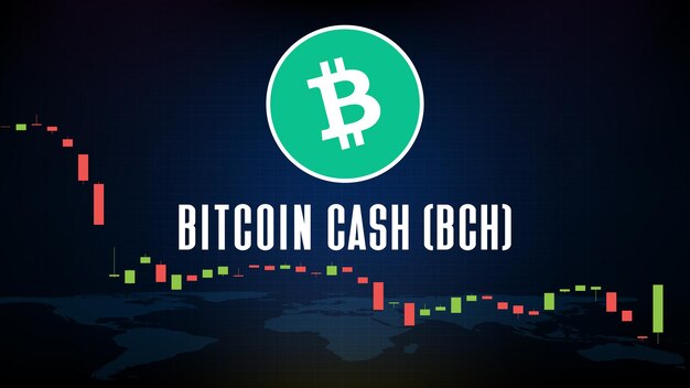 Abstracte futuristische technologie achtergrond bitcoin cash (bch) munt digitale cryptocurrency en markt grafiek volume indicator