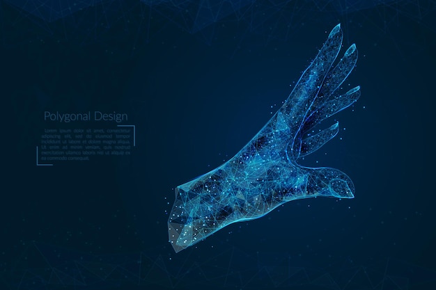 Vector abstracte geïsoleerde afbeelding van menselijke palm polygonale illustratie ziet eruit als sterren in de blask nachtelijke hemel in de ruimte of vliegende glazen scherven digitaal ontwerp voor website web internet