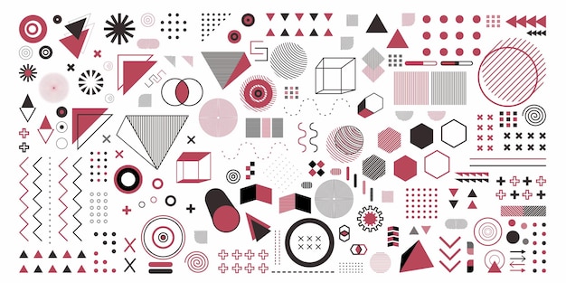 Vector abstracte geometrie instellen object in roze kleur een bundel 100 geometrisch ontwerp kunst memphis retro ontwerpelementen voor web vintage advertentie commerciële banner poster folder billboard verkoop