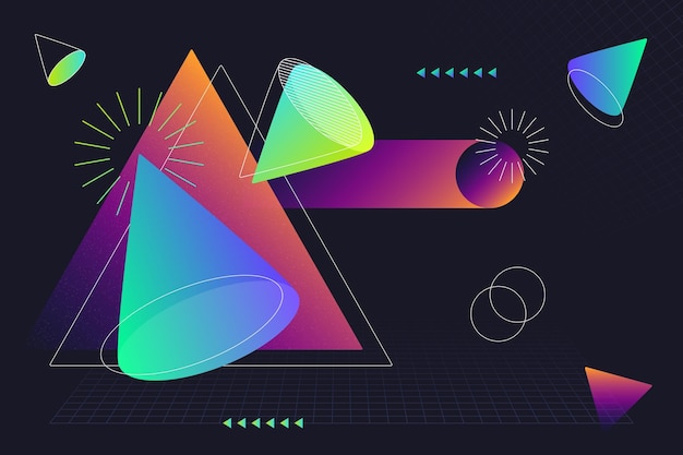 Abstracte geometrische compositie van gradiënt isometrische kegels en driehoeken op zwarte achtergrond