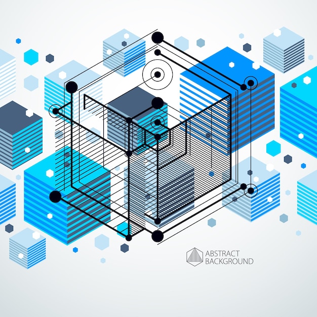 Abstracte geometrische vector blauwe achtergrond met kubussen en andere elementen. samenstelling van kubussen, zeshoeken, vierkanten, rechthoeken en abstracte elementen. perfecte achtergrond voor uw ontwerpprojecten.