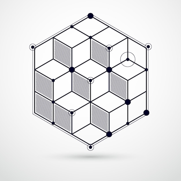 Abstracte geometrische vector zwart-witte achtergrond met kubussen en andere elementen. Samenstelling van kubussen, zeshoeken, vierkanten, rechthoeken en abstracte elementen. Perfecte achtergrond voor uw ontwerpen