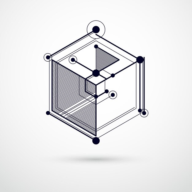 Abstracte geometrische vector zwart-witte achtergrond met kubussen en andere elementen. Samenstelling van kubussen, zeshoeken, vierkanten, rechthoeken en abstracte elementen. Perfecte achtergrond voor uw ontwerpen