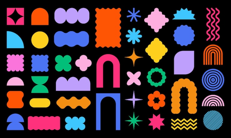 Vector abstracte geometrische vormen kleurrijke moderne brutale vormen en figuren op zwarte achtergrond