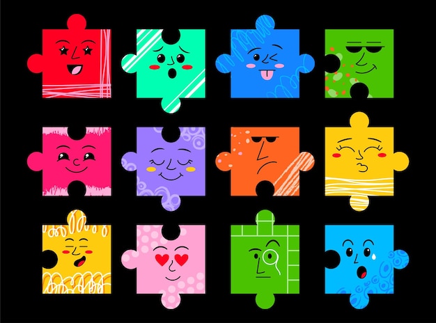 Abstracte gezicht puzzel tekens komische doodle emoties schattig mond of oog vormen Jigsaw kleur stukken instellen glimlach wezens met textuur gezichtsuitdrukkingen vector illustratie ontwerp