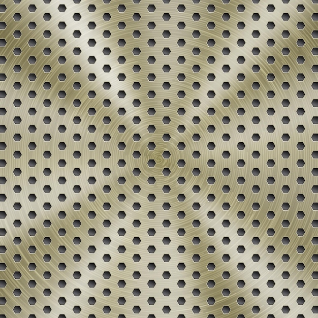 Abstracte glanzende metalen achtergrond in gouden kleur met cirkelvormige geborstelde textuur en zeshoekige gaten
