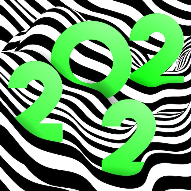 Abstracte golvende lijnen typografie 2022. Gelukkig nieuwjaarskaart. Lijn vloeibaar maken. Gladde golvende zwarte en witte strepen. Optische illusie. Perspectief, kromme strepen