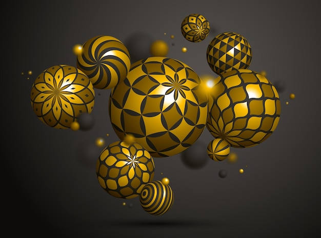 Abstracte gouden bollen vector achtergrond, samenstelling van vliegende ballen versierd met patronen van glanzend goud, 3d gemengde verscheidenheid realistische globes met ornamenten, realistische scherptediepte effect.