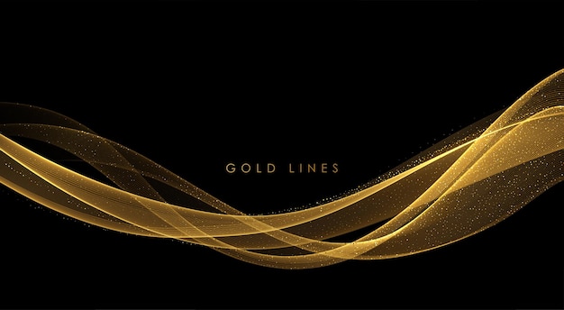 Abstracte gouden rook golven. glanzende gouden bewegende lijnen ontwerpelement met glittereffect op donkere achtergrond voor cadeau, wenskaart en disqount voucher. vectorillustratie