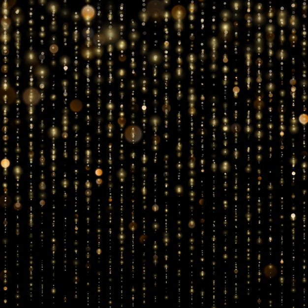 Abstracte gouden schittering glanst lichte confettien bokeh op schitterende zwarte achtergrond. Luxe shimmer textuur sjabloon.