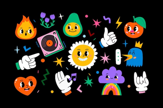 Abstracte grappige schattige karakters en elementen Muziekfeest funky karakters Levendige vectorstickers