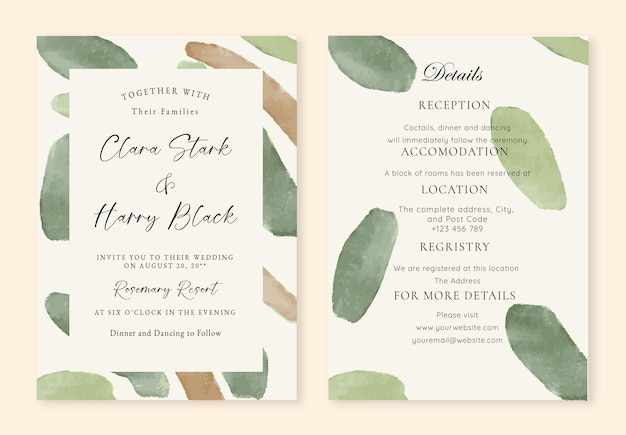 abstracte groene bruine rustige waterverf patroon bruiloft uitnodiging mockup