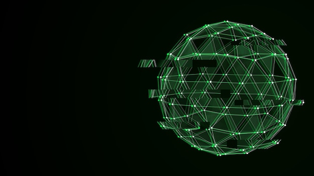 Abstracte groene sci-fi glitch bol met deeltjes en lijnen Technologie netwerk verbinding op de wereld Futuristische vector illustratie Globale digitale verbindingen ai 3D wireframe geometrische bol