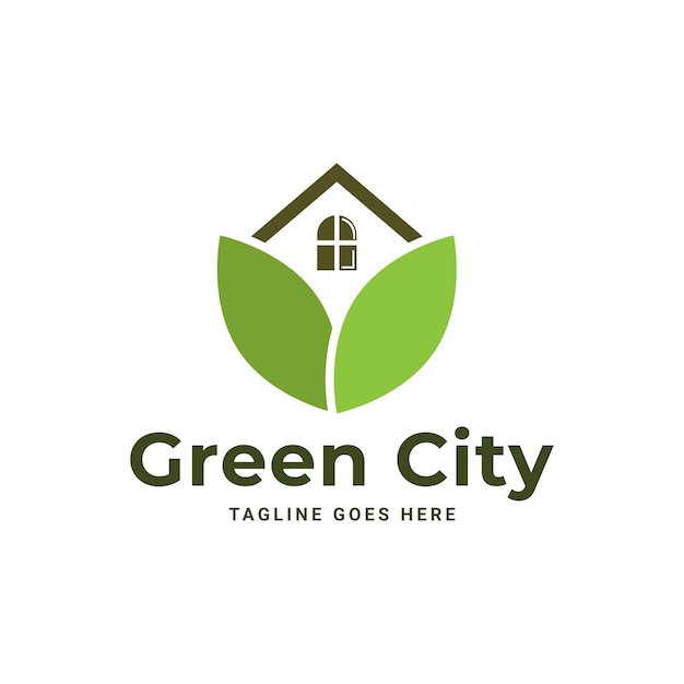 Abstracte groene stad gebouw logo ontwerpconcept symboolpictogram van residentiële appartement en stad lan