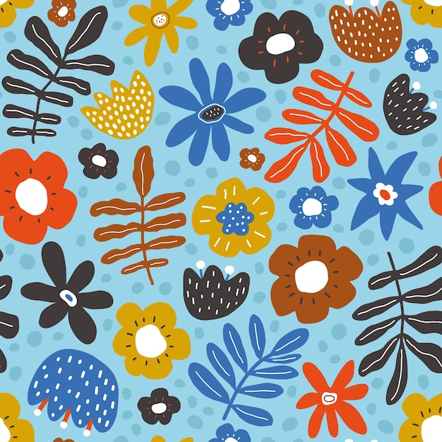 Vector abstracte heldere bloemen eindeloze patroon kinderlijke creatieve grillige planten herhalende afdruk