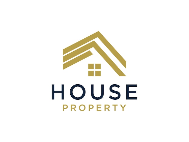 Abstracte huis logo. Zwart en goud geometrische vorm met negatieve ruimte Home op witte achtergrond.