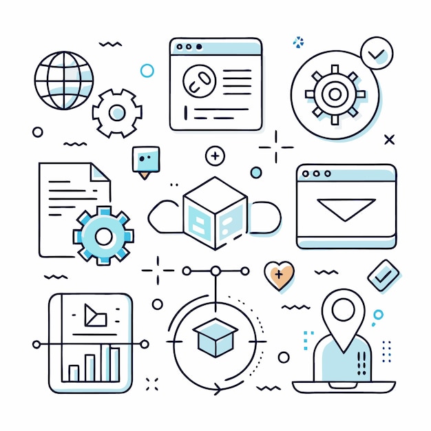 Abstracte illustratie van cloud computing met iconen zoals webbrowser file gear location graduation cap en meer