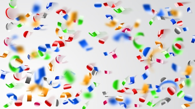 Abstracte illustratie van vliegende glanzende gekleurde confetti en stukjes serpentine op witte achtergrond