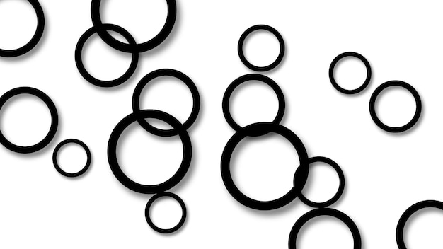 Abstracte illustratie van willekeurig gerangschikte zwarte ringen met zachte schaduwen op witte achtergrond