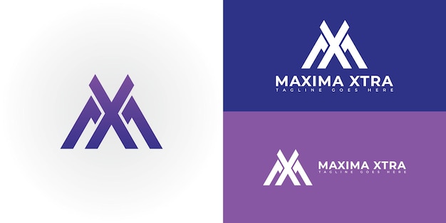 Abstracte initiële letter MX of XM-logo in blauw-paarse kleuren geïsoleerd op meerdere achtergronden