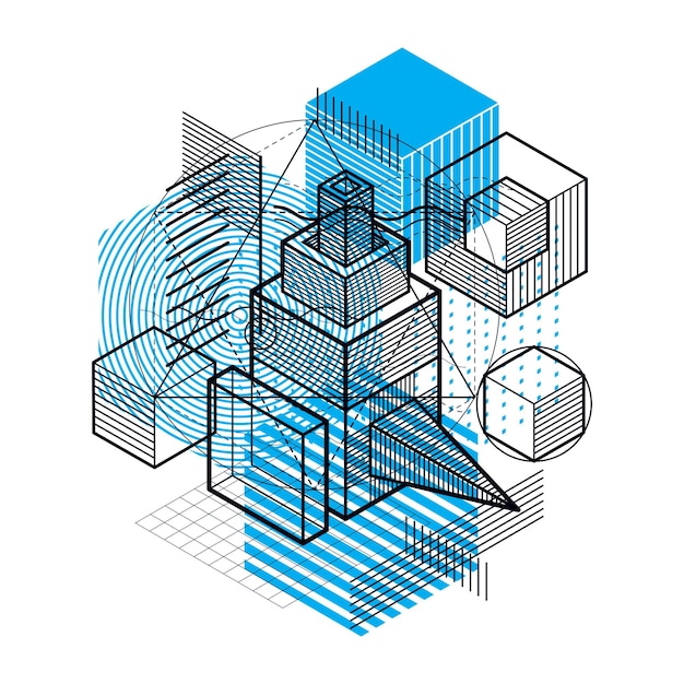 Abstracte isometrieachtergrond, 3d vectorlay-out. Samenstelling van kubussen, zeshoeken, vierkanten, rechthoeken en verschillende abstracte elementen.