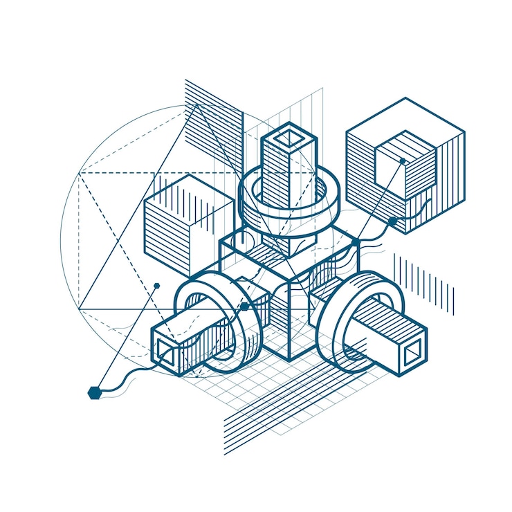 Vector abstracte isometrieachtergrond, 3d vectorlay-out. samenstelling van kubussen, zeshoeken, vierkanten, rechthoeken en verschillende abstracte elementen.