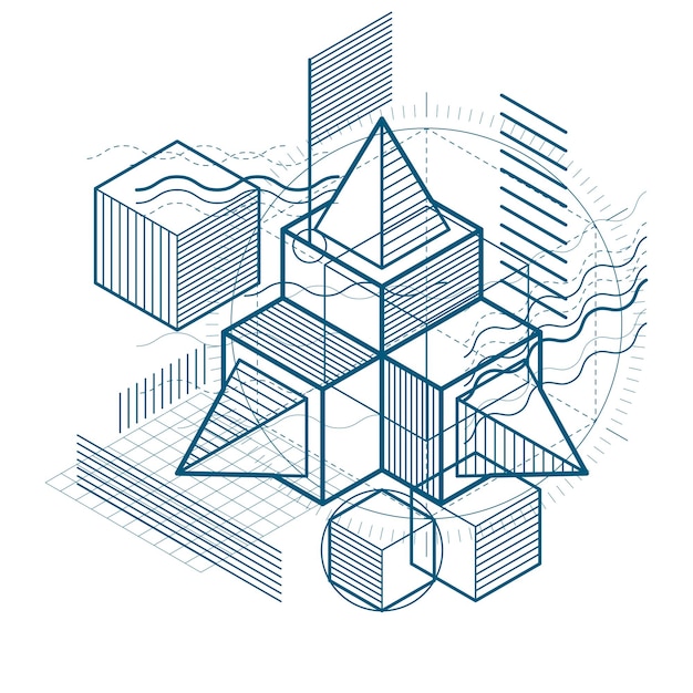 Abstracte isometrische achtergrond, 3D-vector lay-out. Samenstelling van kubussen, zeshoeken, vierkanten, rechthoeken en verschillende abstracte elementen.