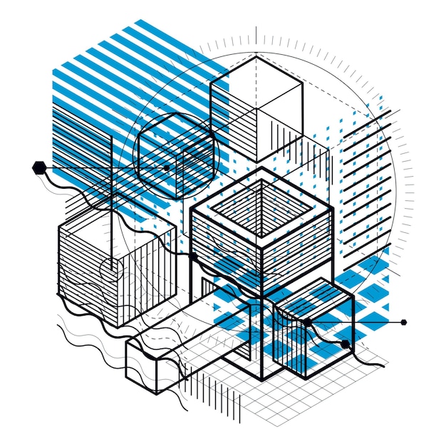 Abstracte isometrische achtergrond, 3D-vector lay-out. Samenstelling van kubussen, zeshoeken, vierkanten, rechthoeken en verschillende abstracte elementen.