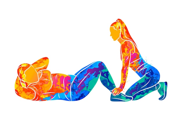 Abstracte jonge plus-size vrouw doet een persoefening met een trainer van een scheutje aquarellen. illustratie van verven. Verbetert de buikspieren. Fitness, gewichtsverlies