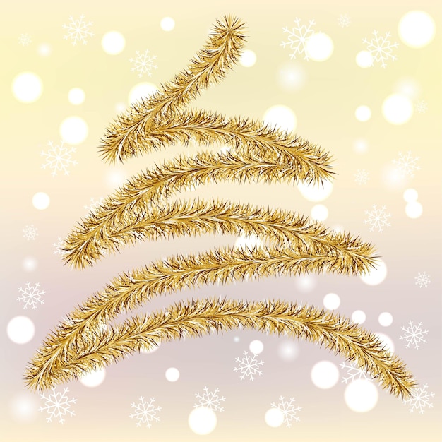 Abstracte kerstboom met gouden klatergoud op onscherpe achtergrond met sneeuwvlokken eenvoudige vectorillustratie