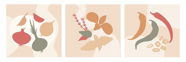 Abstracte keuken kruiden kaarten planten silhouetten moderne decoratieve posters met groenten doodle elementen lente zomer vegan nette vector banner