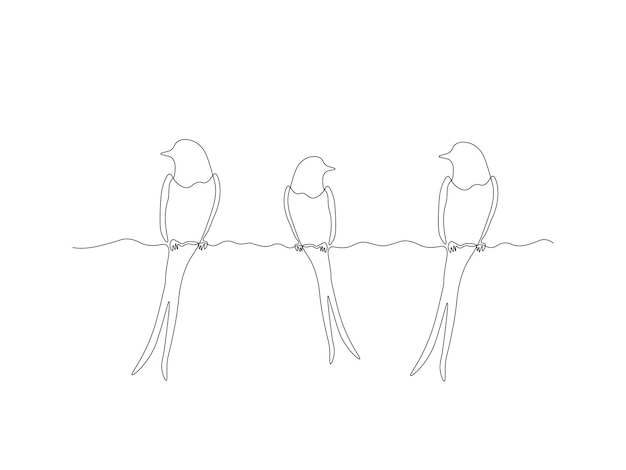 Abstracte kudde drie vogels zitten op een draad slikken snel continue één lijn kunst handtekening