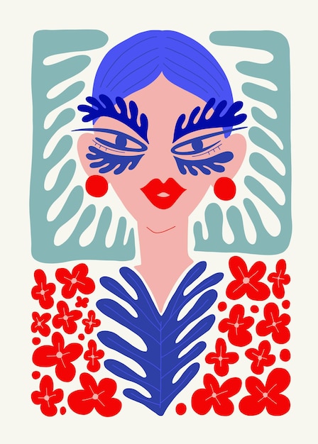 Abstracte kunst illustratie Moderne trendy Matisse minimalistische stijl Roze blauw gele kleuren Hand getrokken