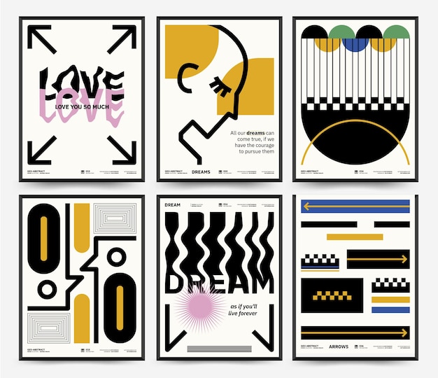 Vector abstracte kunst posters set sjabloon met primitieve vormen elementen moderne hipster stijl