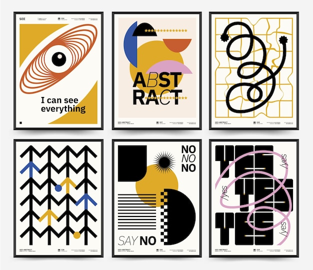 Vector abstracte kunst posters set sjabloon met primitieve vormen elementen moderne hipster stijl