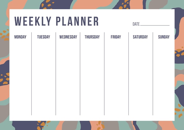 Vector abstracte leuke wekelijkse planningssjabloon met notities bij de hand tekenen vloeibare achtergrond