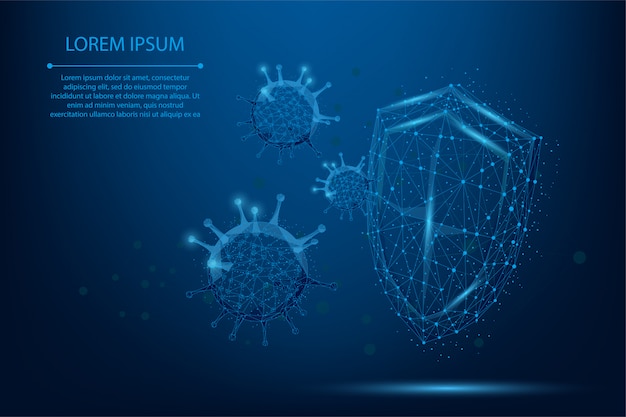 Abstracte lijn en punt coronaviruscel dichtbij schild. Low poly immunologie, nieuwe stamepidemie, bescherming tegen virussen