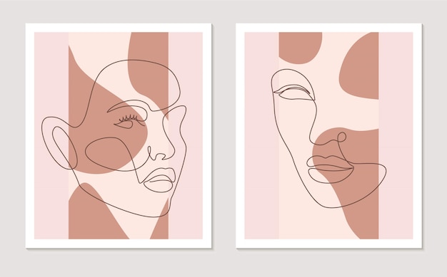 Abstracte lijn kunst aan de muur vector set met vrouwen gezichten. Continu één lijntekening. Minimalistische kunst aan de muur met verschillende vormen terracotta kleuren voor wanddecoratie. vector illustratie