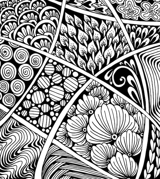 Abstracte lijn kunst achtergrond Anti-stressprogramma zentangle foto's met verschillende patronen Hand getekende vector zenart doodle illustratie Grafisch zwart-wit schets