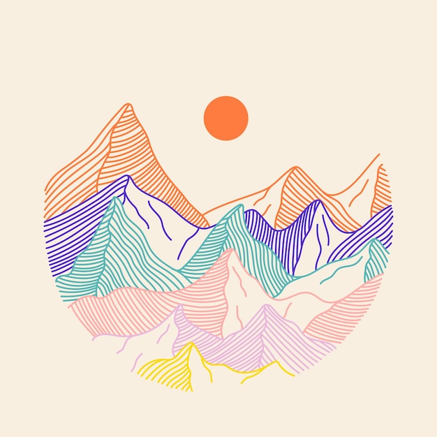 Abstracte lijn kunst bergen landschap Hand getekend kleurrijk landschap met heuvels silhouet en sun