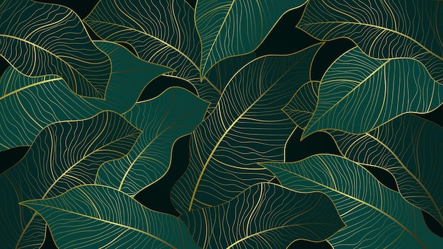 Abstracte lijntekeningen Gouden bananenbladeren met groene smaragd achtergrond