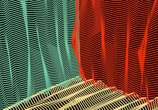 Abstracte lineaire getextureerde vector kunst achtergrond voor ontwerp, psycho hypnotische futuristische 3D-ruimte in de doos of kamer. Fantastische psychedelische trendy moderne op-art, optische dimensionale illusie.