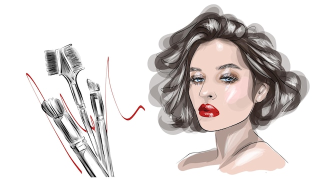 Vector abstracte meisje model gezicht make-up tekening vector schets