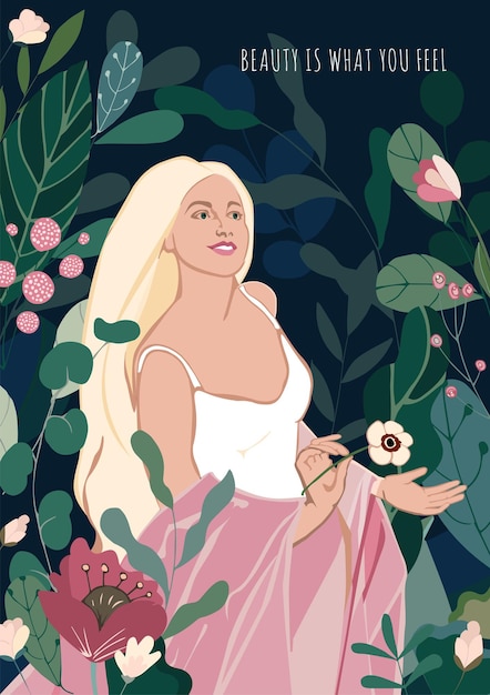 Abstracte meisje natuurlijke schoonheid met bladeren en bloemen hand tekenen portret vrouw die lacht op florale achtergrond voor kaart voorjaar vakantie moederdag cosmetische mode vectorillustratie