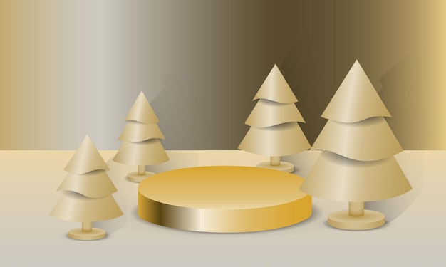 Abstracte minimale mock-up scène Geometrie podiumvorm voor show cosmetische product display en goederen Podium voetstuk platform Winter kerst gouden achtergrond met gouden kerstbomen 3D vector
