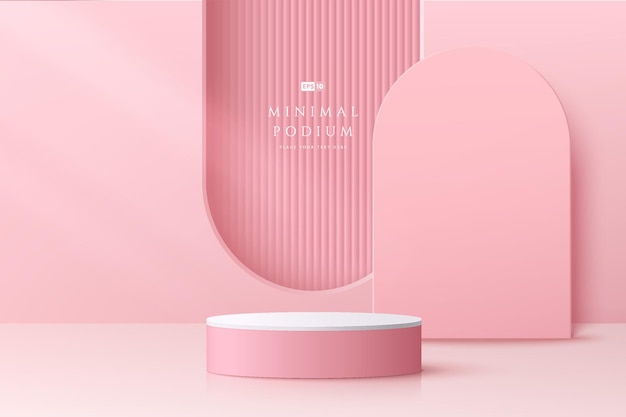 Abstracte minimale roze 3D-kamer met realistisch roze en wit cilindervoetstuk